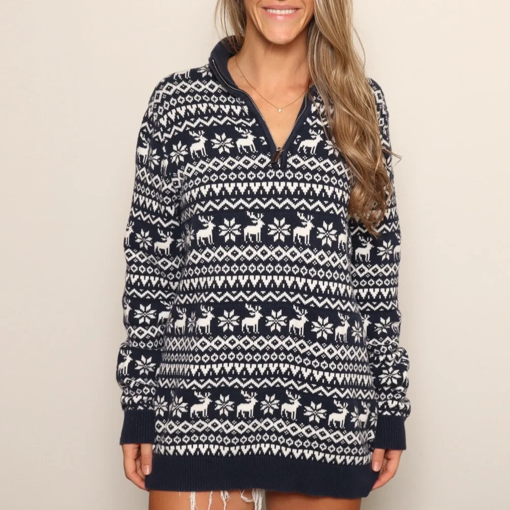 ❄️ 100% Cotton Longline Nordic Design Navy and White Reindeer Pattern Sweater - Picture 3 of 4